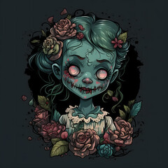 A Painting of a Zombie Girl surrounded by Flowers