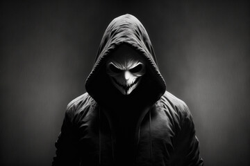 Computer hacker in black mask and hoodie. Obscured dark face. Data thief, internet fraud, cyber security concept.Generative AI.