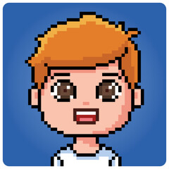 8 bit pixel human portrait. Cartoon boy for game assets in vector illustration.