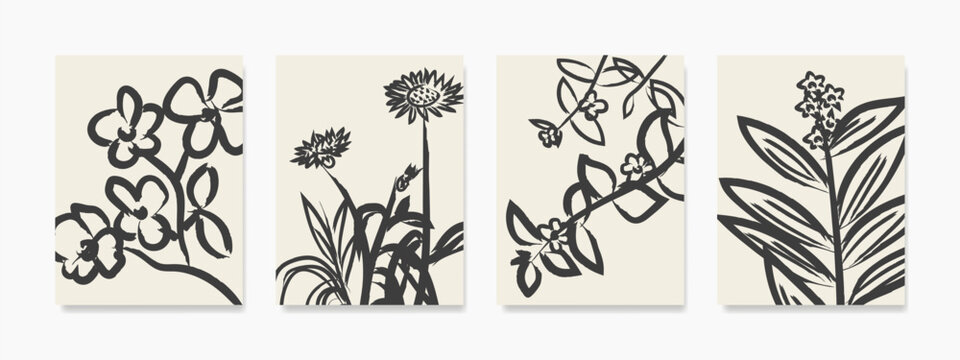 Botanical wall art. Artistic hand painted leaf line art illustration. Art Design vintage and natural prints for covers, wallpapers, banners, flyers, posters, and related about decoration.