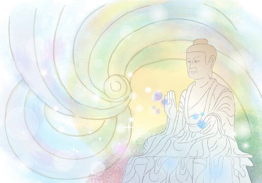 虹色イメージの法隆寺薬師如来坐像と光の背景
