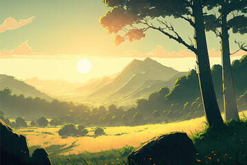 Journey at Wild Nature. Clear Sunset Sundown, Sky with Movie Atmosphere, Beautiful Colorful Landscape, Anime Comic Style Art. For Poster, Novel, UI, WEB, Game, Design