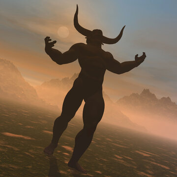 diavolo con grandi corna in piedi nel mezzo di  una terra desolata al tramonto