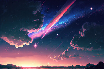 WIshing star, Journey at Wild Nature. Clear Starry night, Sky with Movie Atmosphere and Wonderful Cloud, Beautiful Colorful Landscape, Anime Comic Style Art. For Poster, Novel, UI, WEB, Game, Design