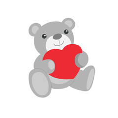 Vector image, isolated gray teddy bear with a red heart close-up on a white background. Graphic design.