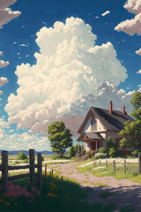 Journey at Wild Nature. Clear Sunny day, Sky with Movie Atmosphere and Wonderful Cloud, Beautiful Colorful Landscape, Anime Comic Style Art. For Poster, Novel, UI, WEB, Game, Design