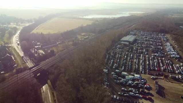 Aerial Footage of Huge Car Parking at Kempston Bedford Town of England UK. The Footage Was Captured on 06-Feb-2023 with Drone's Camera	