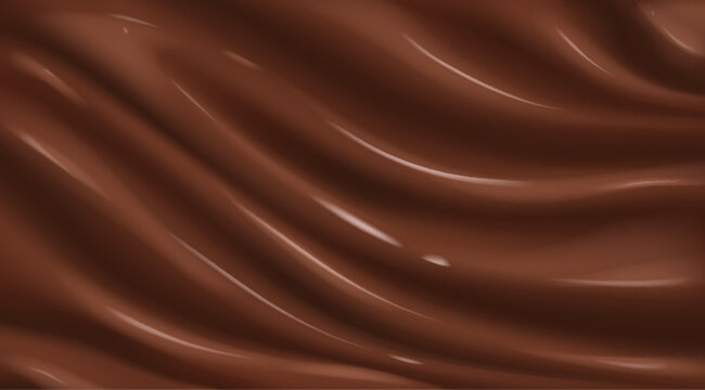 Realistic chocolate background. Glossy ripple surface of brown paint, coffee, cocoa yoghurt, choco cream substance. Flowing melted smooth satin texture. Confectionery ads pattern. Vector illustration