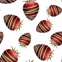 Seamless pattern with strawberries in chocolate. Valentine's Day. Watercolor isolated illustration on white background. For postcards, posters, textile design.