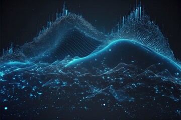 Futuristic big data visualization wave connecting neural network and moving on earth.Generative AI - obrazy, fototapety, plakaty