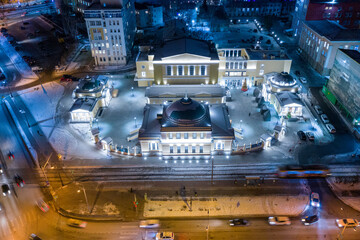 Top view of a historic building with night illumination in the center of Yekaterinburg. Russia