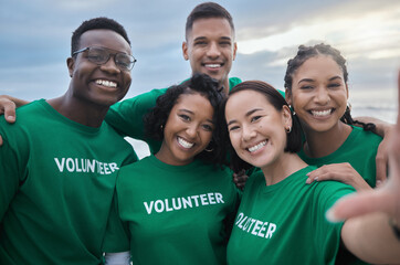 Happy, selfie and volunteer with people on beach for sustainability, environment and climate change. Recycling, earth day and social media with friends and teamwork for charity, energy and pollution