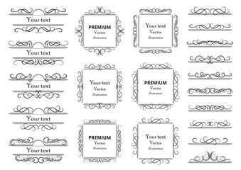 Calligraphic design elements . Decorative swirls or scrolls, vintage frames , flourishes, labels and dividers. Retro vector illustration