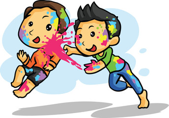 Holi Celebration, Indian festival. Young couple (Friends) Playing Holi celebration poster, banner, wallpaper. vector illustration design.
