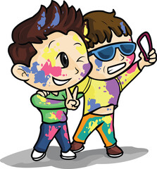 Holi Celebration, Indian festival. Young couple (Friends) Playing Holi celebration poster, banner, wallpaper. vector illustration design.