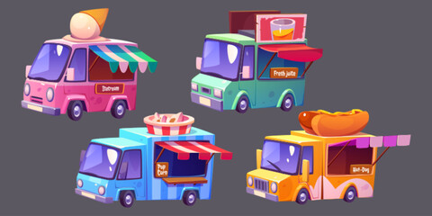 Obraz premium Set of cartoon truck with food. Fectival car with tent to sell ice cream, juice, pop corn or hot dog. Isolated fastfood van for lunch delivery, vector isolated illustrations. Foodtruck, tent business