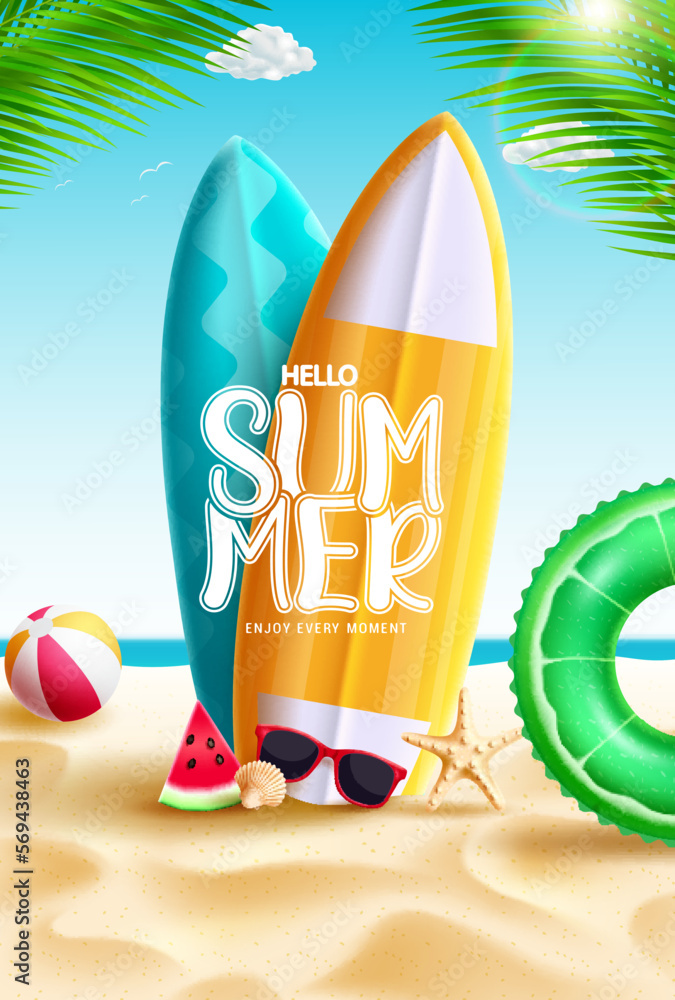 Poster hello summer vector design. hello summer text in surfing board element with beach background. vector