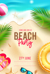 Summer beach party vector design. Beach party text invitation card for summer holiday season event. Vector illustration summer party invitation card.