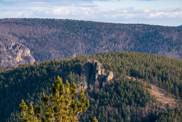 Stone rock on top of a mountain among a pine forest.