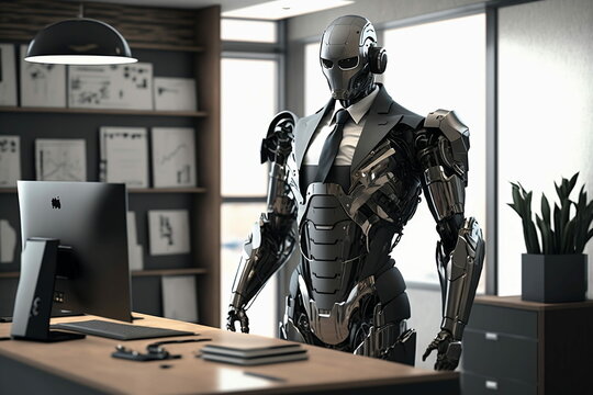 Artificial Intelligence at Work, Robot Working, The Future of Business, Robot Executive, Automated Office, Generative AI