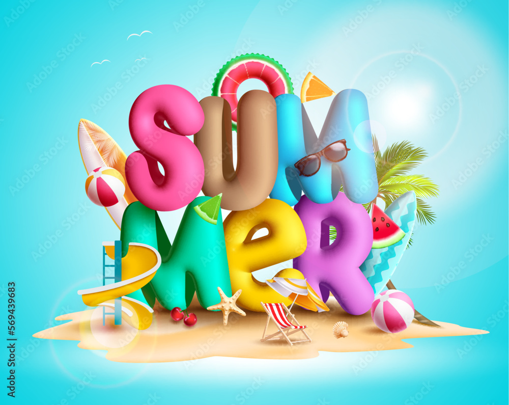 Poster summer 3d text vector design. summer font letters in sand island element with beach elements. vector