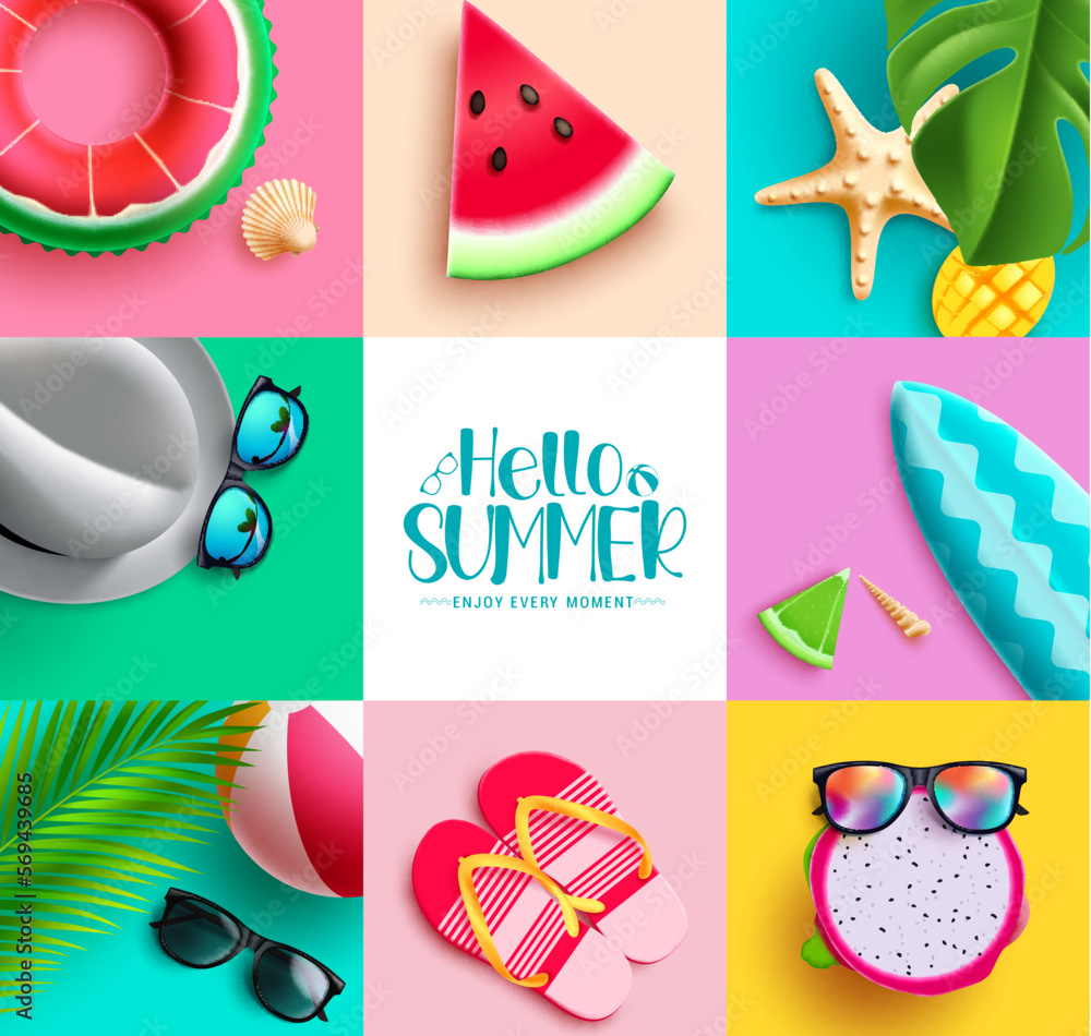 Poster summer vector background design. summer hello text in empty space with colorful beach elements colle