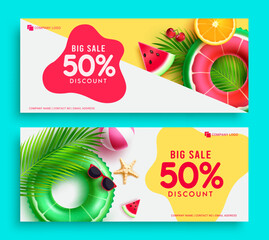 Summer sale vector set banner design. Summer big discount sale text 50% off flyers promotion collection. Vector illustration company gift vouchers background.