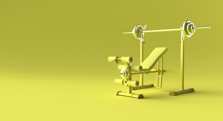 3D Rendering of gym equipment in yellow monochrome and yellow background
