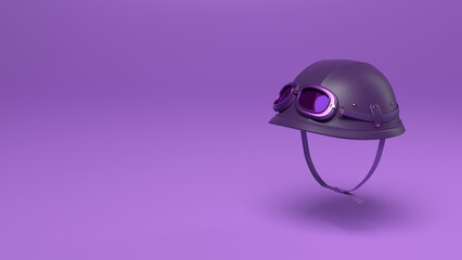 3D illustration of vintage helmet with goggles in monochrome purple and purple background