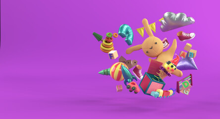 3D illustration of colorful children's toys on purple background