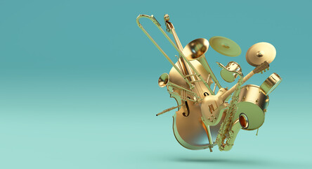 3D illustration of musical instruments with gold color