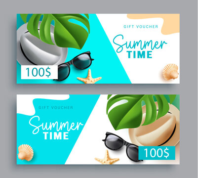 Summer time vector set design. Summer gift voucher and shopping with beach elements coupon vouchers. Vector illustration discount card collection. 