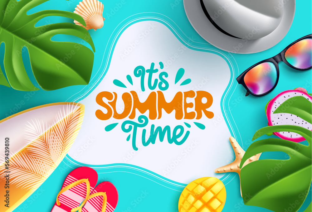 Poster summer time vector design. it's summer time text in empty space with beach element in abstract backg