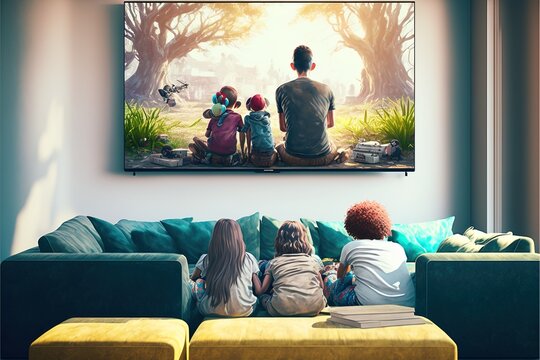 Kids watching cartoons on the TV on Sunday morning in the living room sat on the couch. Concept: Spending time in family. Generative ai