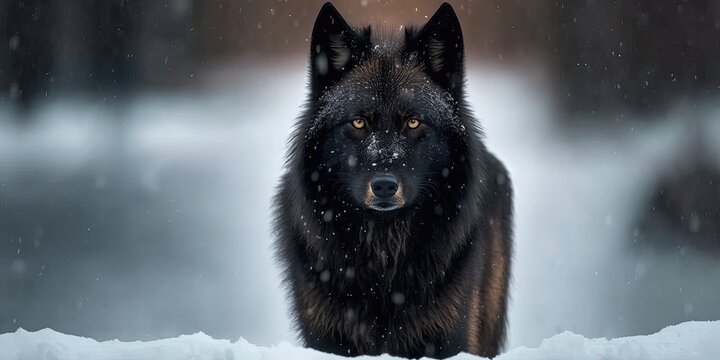 A black wolf close-up portrait in winter. Generative AI image