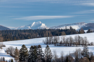 Fototapeta na wymiar Winter snowy landscape with mountain in background. Northwestern Slovakia, Europe.