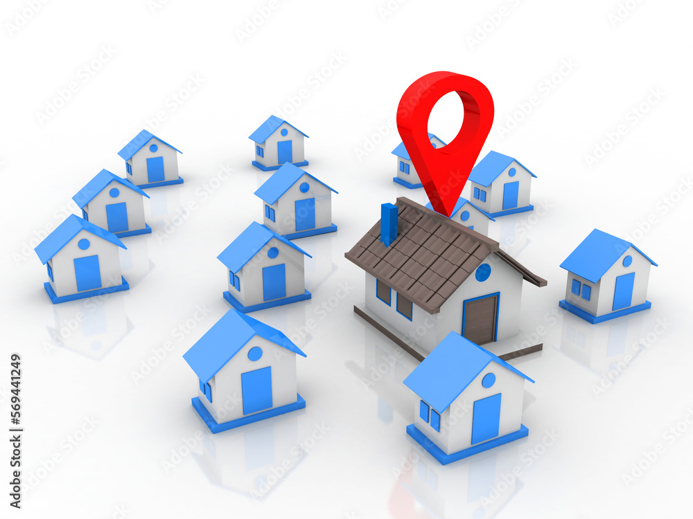 Poster 3d illustration search for property.a map with large red gps pointer containing