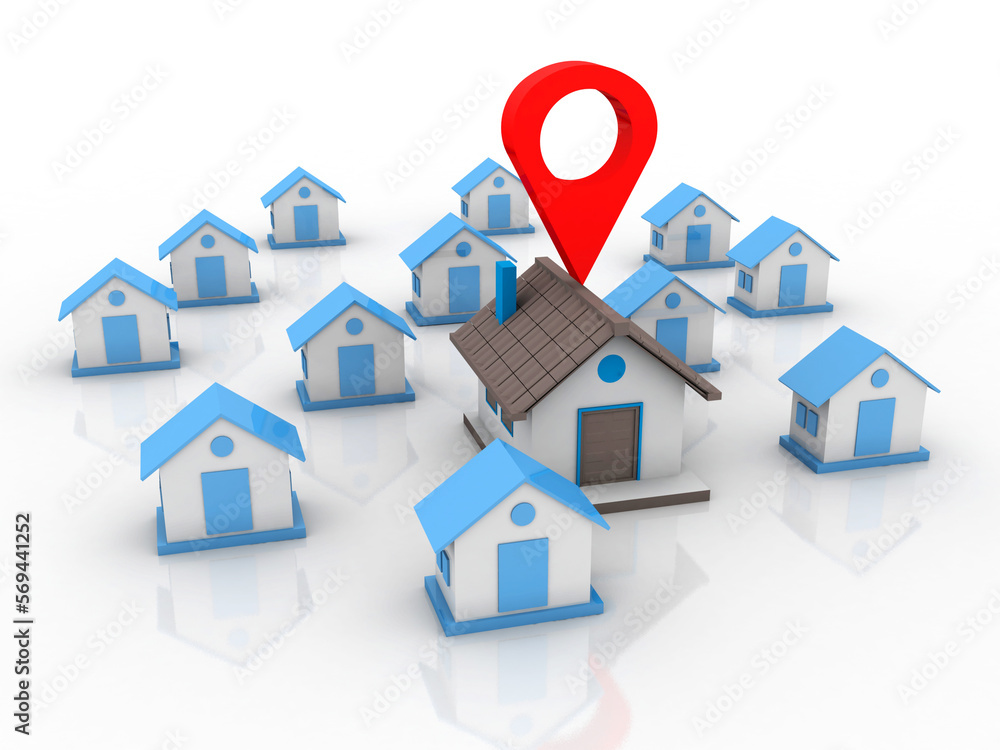 Poster 3d illustration search for property.a map with large red gps pointer containing