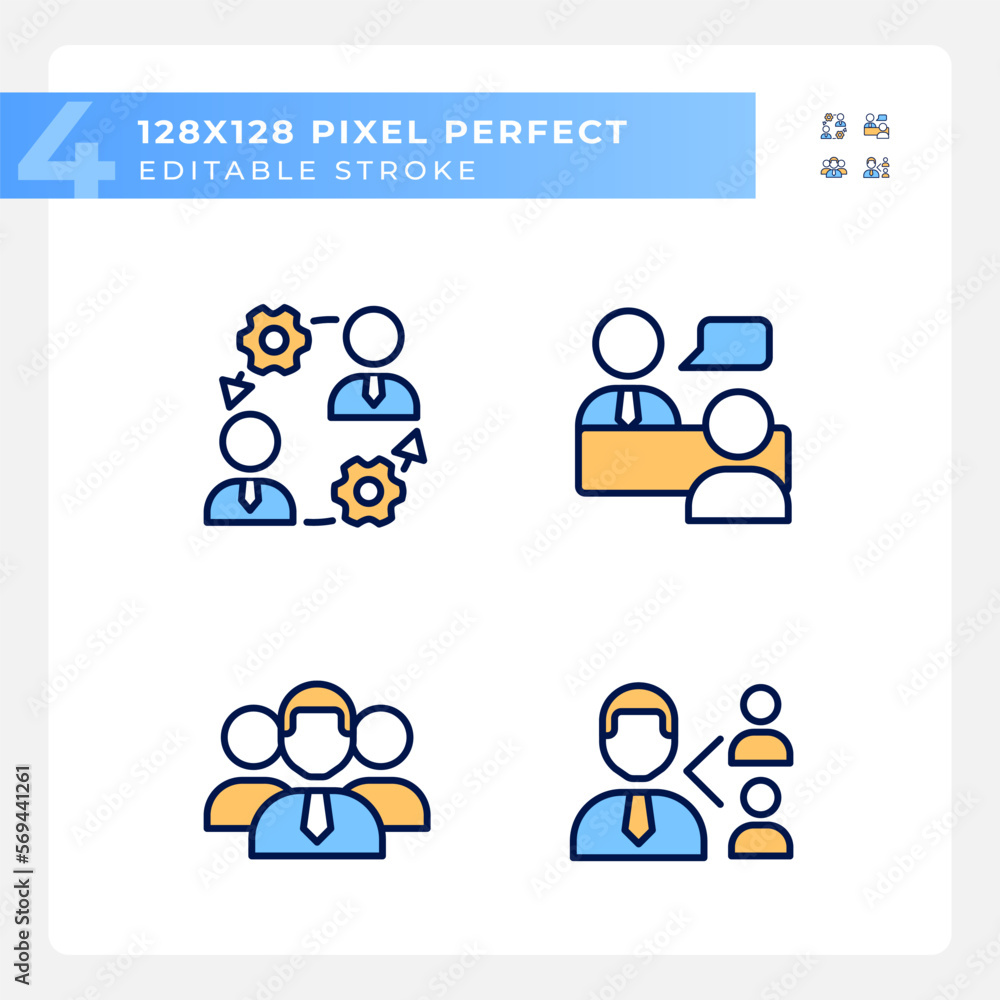 Poster teamwork pixel perfect rgb color icons set. onboarding process. job interview. referral program. com