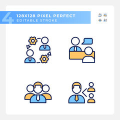 Teamwork pixel perfect RGB color icons set. Onboarding process. Job interview. Referral program. Company staff. Isolated vector illustrations. Simple filled line drawings collection. Editable stroke