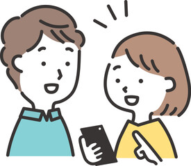 笑顔でスマホを操作する若い夫婦のイラスト
