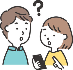 スマホを見ながら疑問顔の若い夫婦のイラスト