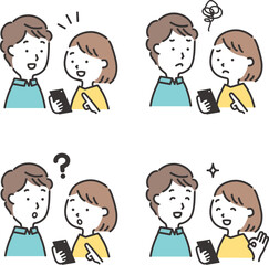 一緒にスマホを覗き込む若い夫婦の表情セット