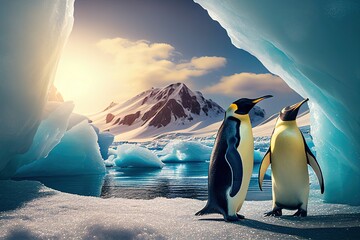 penguins in the arctic, sunny day. Ai generative - obrazy, fototapety, plakaty
