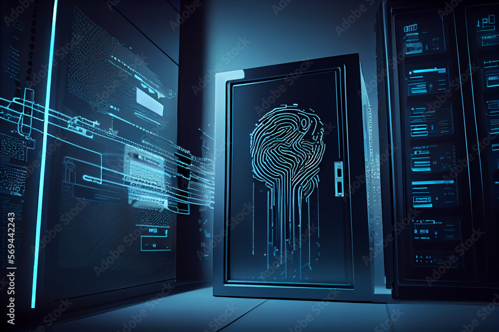 Poster beautiful abstract over the server room is a picture of data processing with a fingerprint icon. con