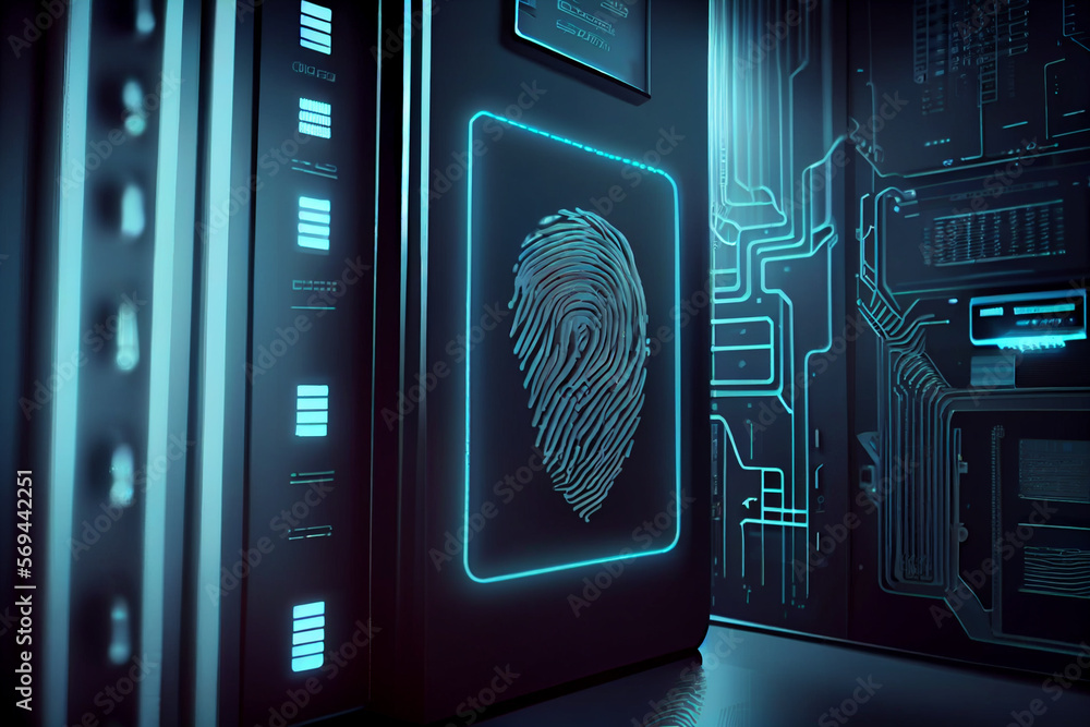 Poster beautiful abstract over the server room is a picture of data processing with a fingerprint icon. con