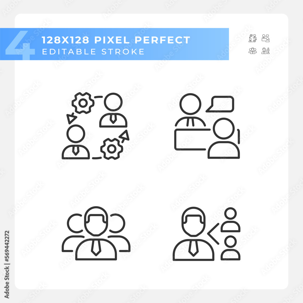 Poster teamwork pixel perfect linear icons set. onboarding process. job interview. referral program. compan