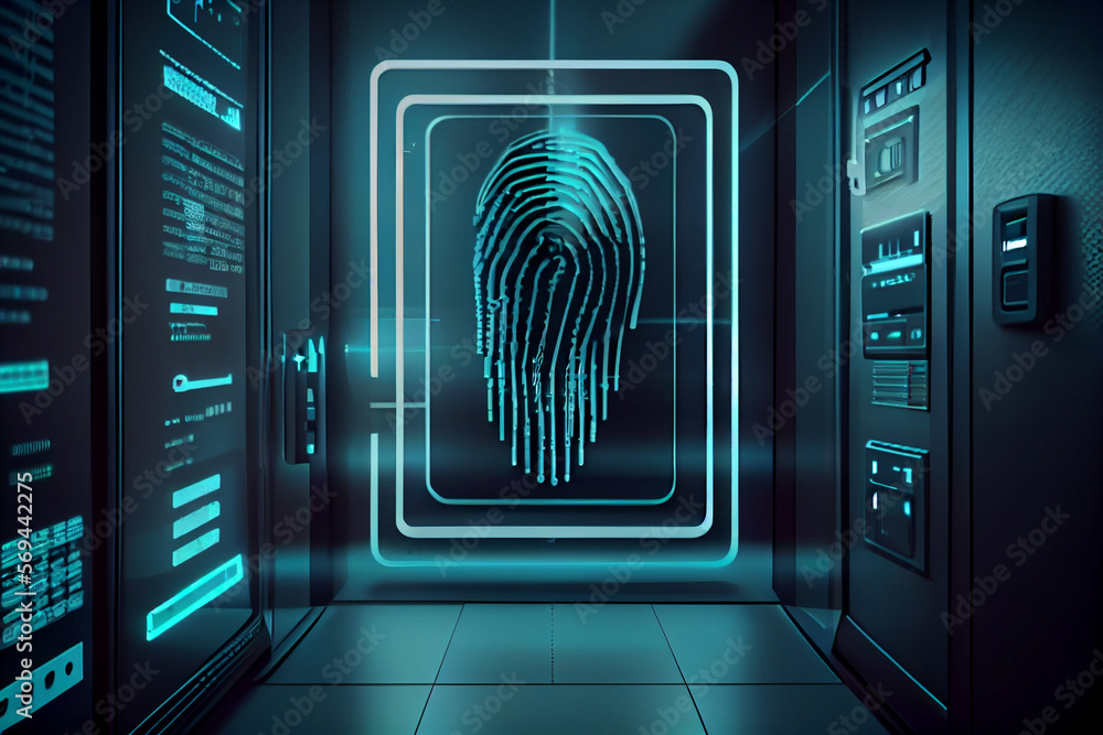 Aufkleber BEAUTIFUL abstract Over the server room is a picture of data processing with a fingerprint icon. Conceptual depiction of global technology and a digital interface