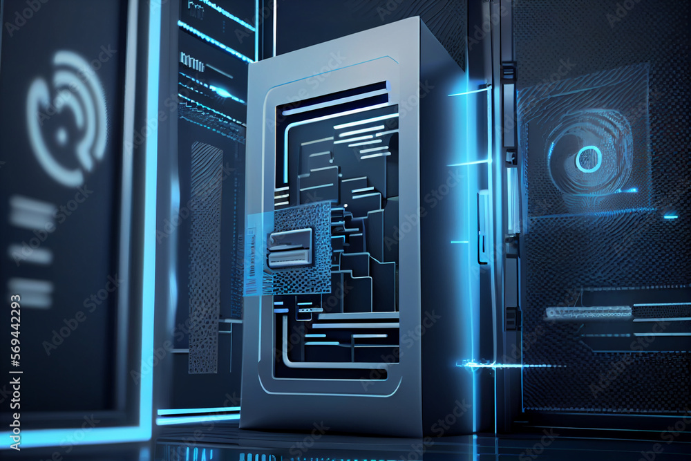 Poster beautiful abstract over the server room is a picture of data processing with a fingerprint icon. con