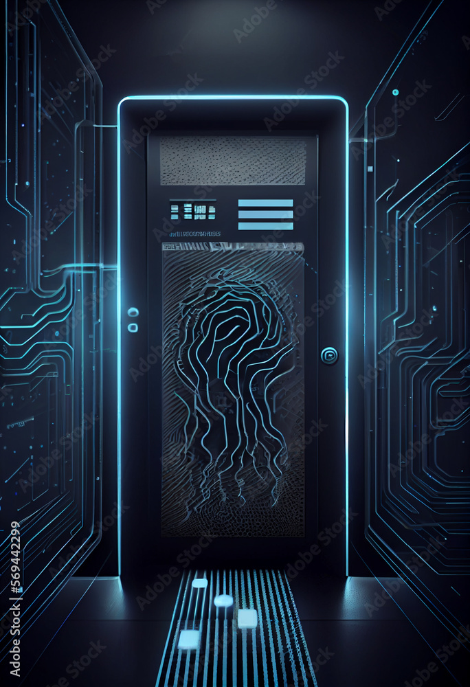 Poster beautiful abstract over the server room is a picture of data processing with a fingerprint icon. con